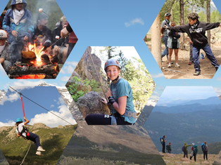 Hexagon collage of kids camping: roasting marshmallows, zip-lining, rock climbing, hiking, and archery in mountain setting.