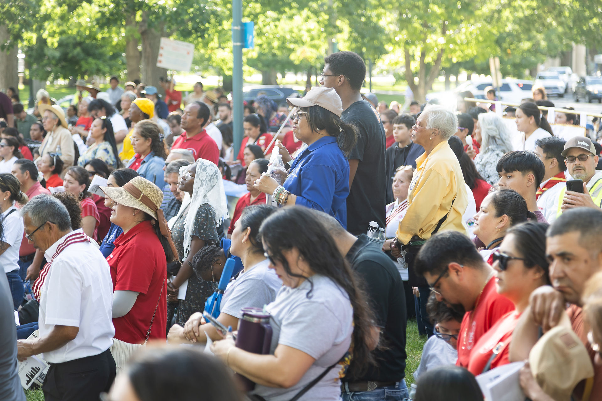 Crowd of diverse people standing in a sunny park, many in red, blue, and yellow shirts, watching a public gathering.