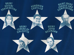 Five saint portraits in white stars on blue poster: Saint Kateri, Kendrick Castillo, Saint Isaac Jogues, Teresa of Calcutta, John Neumann.