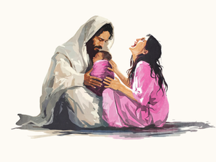 A bearded man in white, a woman in pink, and a baby in a purple wrap share an emotional moment on the ground, conveying tenderness.