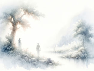 Mystical scene of two figures in foggy landscape, near large trees and rocks. Soft light and muted colors create a serene, ethereal mood.