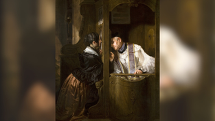 A woman in ornate attire confesses to a priest in a dimly lit confessional booth. The setting is intimate, with a wooden background.