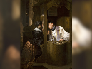 A woman in ornate attire confesses to a priest in a dimly lit confessional booth. The setting is intimate, with a wooden background.
