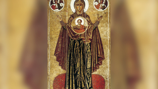 Religious icon of Mary with Jesus, cloaked in red and gold, arms raised. Two smaller figures appear in circles above. Ornate, sacred setting.