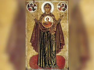 Religious icon of Mary with Jesus, cloaked in red and gold, arms raised. Two smaller figures appear in circles above. Ornate, sacred setting.