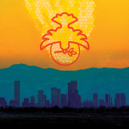 Silhouette of a cityscape with a symbol above, set against a vibrant yellow and orange sky, creating a warm, abstract ambiance.