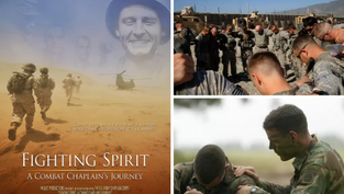 Soldiers gather in prayer. A poster titled "Fighting Spirit: A Combat Chaplain’s Journey" shows troops in desert gear. Mood: solemn and introspective.