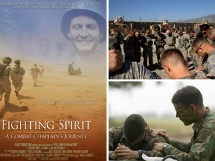Soldiers gather in prayer. A poster titled "Fighting Spirit: A Combat Chaplain’s Journey" shows troops in desert gear. Mood: solemn and introspective.