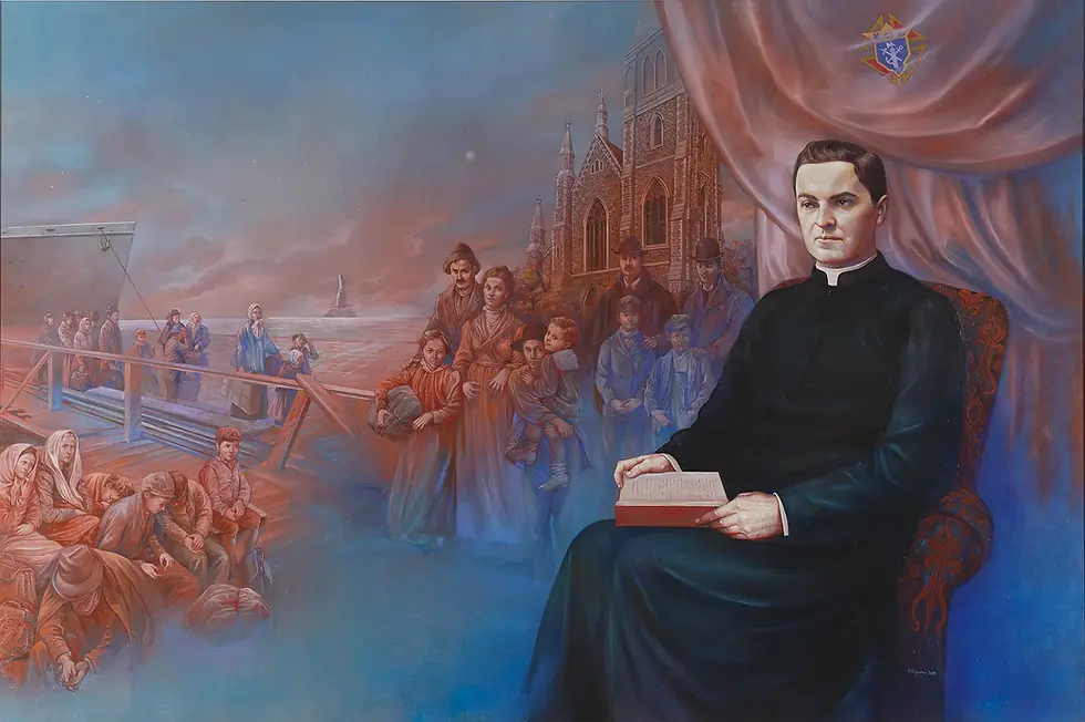 Mural of a seated priest holding a book, with children and families by a church and dockside scene under a blue-pink sky