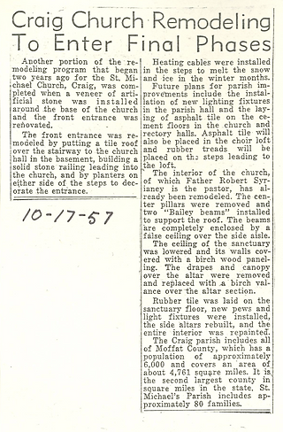 Newspaper article titled "Craig Church Remodeling To Enter Final Phases," detailing renovations at St. Michael Church, dated 10-17-57.