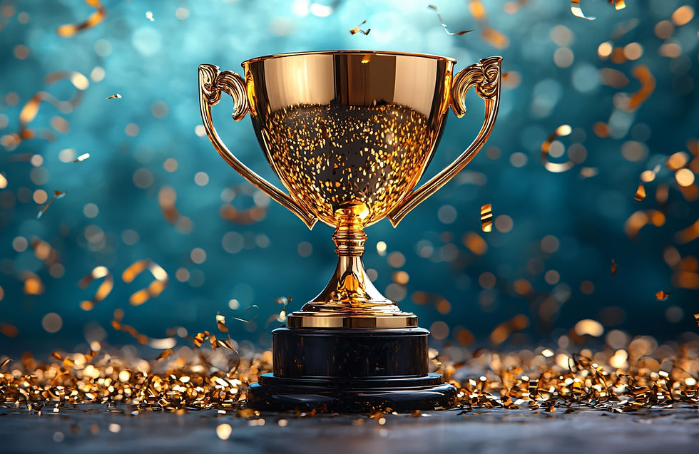 Golden trophy on a dark base surrounded by falling confetti. Background is a blurred teal with a festive, celebratory mood.