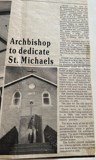 Newspaper clipping with headline "Archbishop to dedicate St. Michaels." Features a church photo with a person on the steps. Columns of text alongside.