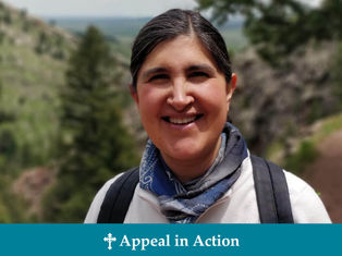 Smiling person with a blue scarf and backpack outdoors, lush green mountain background. Text: "Appeal in Action" at bottom.