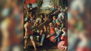 A group of people surround a man carrying a wooden cross. Vibrant garments and a soldier with a red flag are prominent. Somber mood.