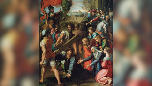 A group of people surround a man carrying a wooden cross. Vibrant garments and a soldier with a red flag are prominent. Somber mood.