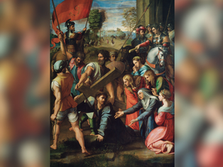 A group of people surround a man carrying a wooden cross. Vibrant garments and a soldier with a red flag are prominent. Somber mood.