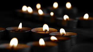 Multiple lit tealight candles in black holders on a dark surface, creating a warm, serene glow against a black background.
