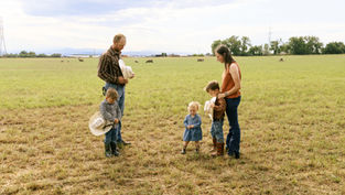 Family with three kids stands in a grassy field, holding hats. Sheep graze in the distance under a blue sky. Calm, rural scene.