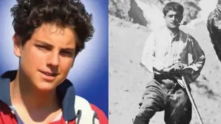Young man in a red shirt smiles against a blue background; black and white photo of a man with a pipe, hiking gear, and a mountainous backdrop.