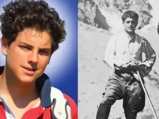 Young man in a red shirt smiles against a blue background; black and white photo of a man with a pipe, hiking gear, and a mountainous backdrop.