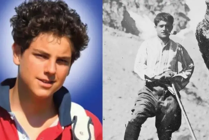 Young man in a red shirt smiles against a blue background; black and white photo of a man with a pipe, hiking gear, and a mountainous backdrop.