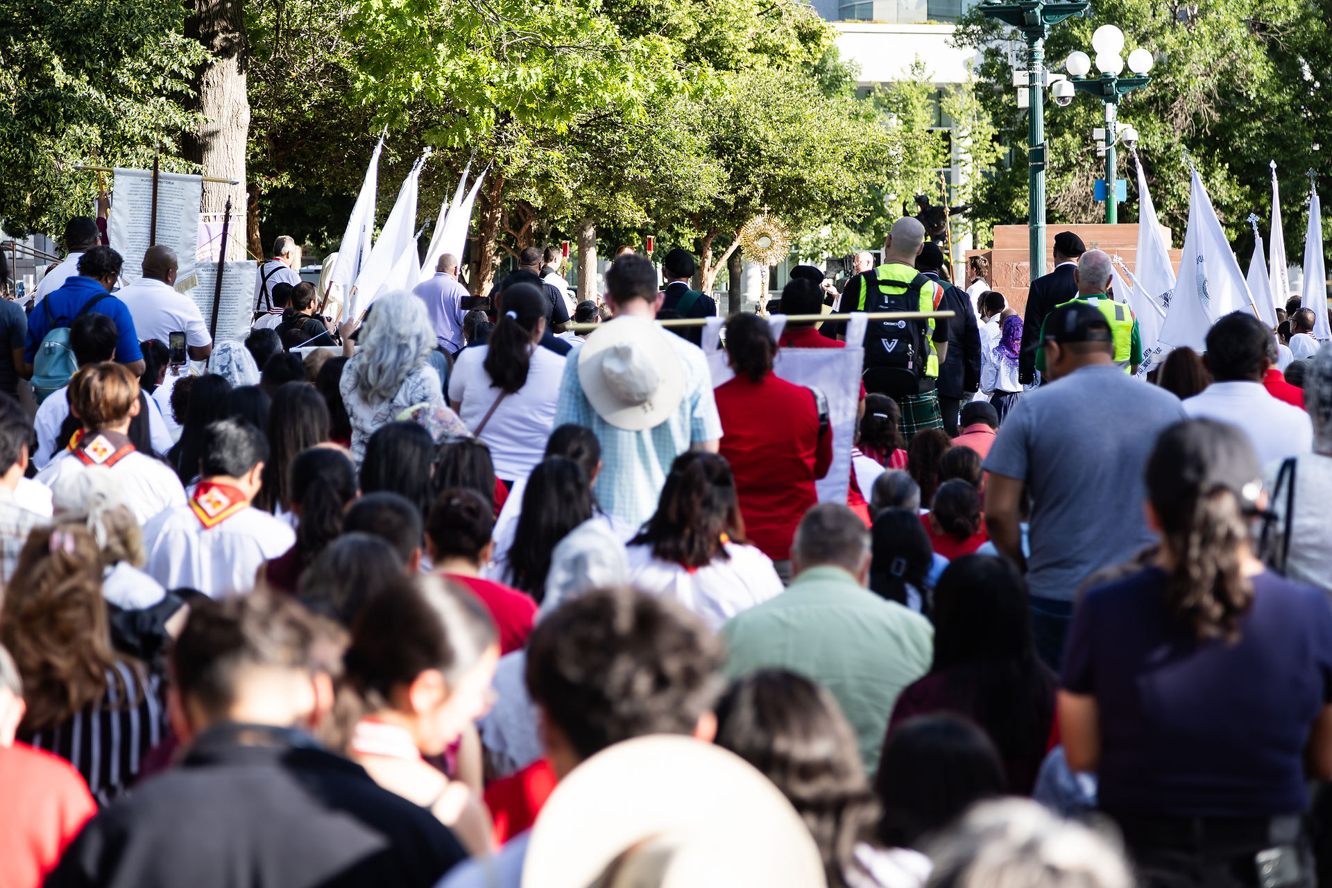 Crowd gathers for an outdoor religious procession, holding white flags in a leafy park, with a solemn, reverent mood.