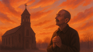 Man gazes upward with clasped hands beside a church at sunset. The sky glows orange, creating a peaceful, reflective mood.