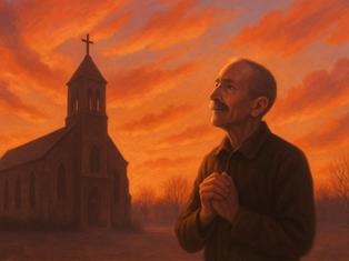 Man gazes upward with clasped hands beside a church at sunset. The sky glows orange, creating a peaceful, reflective mood.