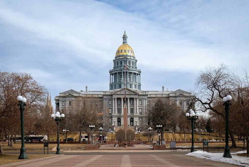 Gray domed capitol building with a golden top against a cloudy sky. Trees and streetlights line the walkway. Sparse visitors in the foreground.