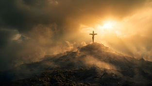 Cross on a hill with a dramatic sunset in the background. Golden sunlight filters through clouds, creating a serene and powerful atmosphere.