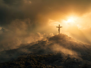 Cross on a hill with a dramatic sunset in the background. Golden sunlight filters through clouds, creating a serene and powerful atmosphere.