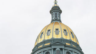 Gold-domed capitol building against a cloudy sky. Detailed architecture with arches and windows. Calm and majestic setting.