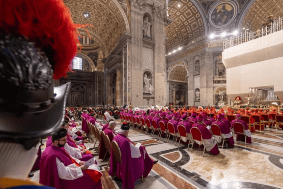 Cardinals and bishops attend vespers after the proclamation of the papal bull “Spes Non Confudit,” meaning “Hope Does Not Disappoint,” at the Vatican on Thursday, May 9, 2024. (Photo: Daniel Ibanez/CNA)