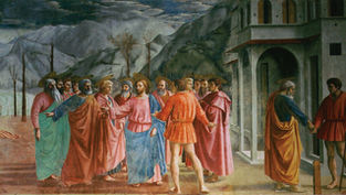 A group of haloed figures in colorful robes converse outside a building. Mountains in the background; one figure bends near water.