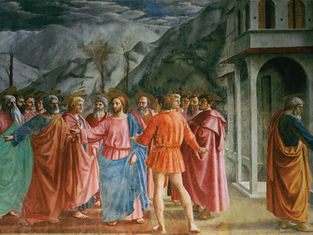 A group of haloed figures in colorful robes converse outside a building. Mountains in the background; one figure bends near water.