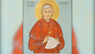 A portrait of a cardinal in red robes holding a scroll with Latin text. Golden halo, light blue background. Text: "St John Henry Newman."