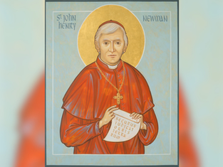 A portrait of a cardinal in red robes holding a scroll with Latin text. Golden halo, light blue background. Text: "St John Henry Newman."