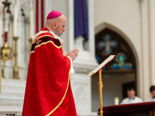 Bishop in red robe and pink zucchetto prays at a lectern in a church. Background features ornate altar, stained glass, and clergy.