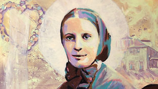 Pastel painting of a woman in a white halo-like veil, with prayer beads at left, against a soft building background.