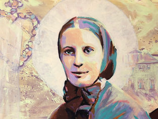 Pastel painting of a woman in a white halo-like veil, with prayer beads at left, against a soft building background.