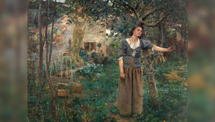 Young woman in a lush garden reaches right, with faint ghostly figures and a house behind her.