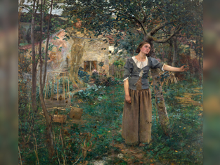 Young woman in a lush garden reaches right, with faint ghostly figures and a house behind her.