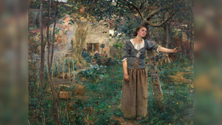 Young woman in a lush garden reaches right, with faint ghostly figures and a house behind her.