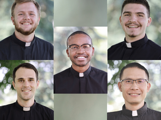 Five smiling men in clerical collars are arranged in a collage. Each wears a black shirt, set against a leafy green background.