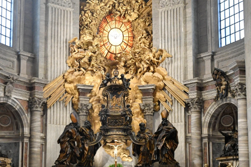 Ornate altar in a cathedral, featuring golden sculptures and a sunburst window. Dramatic and imposing atmosphere with rich textures.