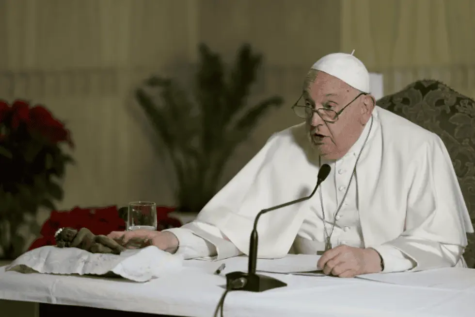 Pope Francis delivers his Angelus address via a video livestream from his Casa Santa Marta residence within the Vatican due to a cold on Sunday, Dec. 22, 2024. (Photo: Vatican Media)