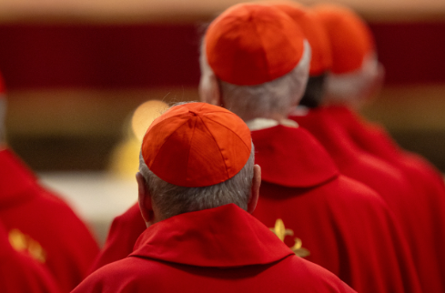 Clergy members in red robes and caps gather in a solemn setting. The background is soft-focus, emphasizing the vivid red garments.