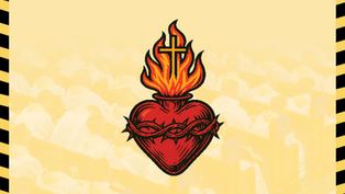 Sacred Heart with thorns and flame on a yellow background. Faint image of people in robes in pews. Black and yellow striped border.