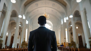 Man in a suit stands in a grand, empty church, facing the altar. Ornate chandeliers and tall arches create a serene and reflective mood.