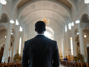 Man in a suit stands in a grand, empty church, facing the altar. Ornate chandeliers and tall arches create a serene and reflective mood.